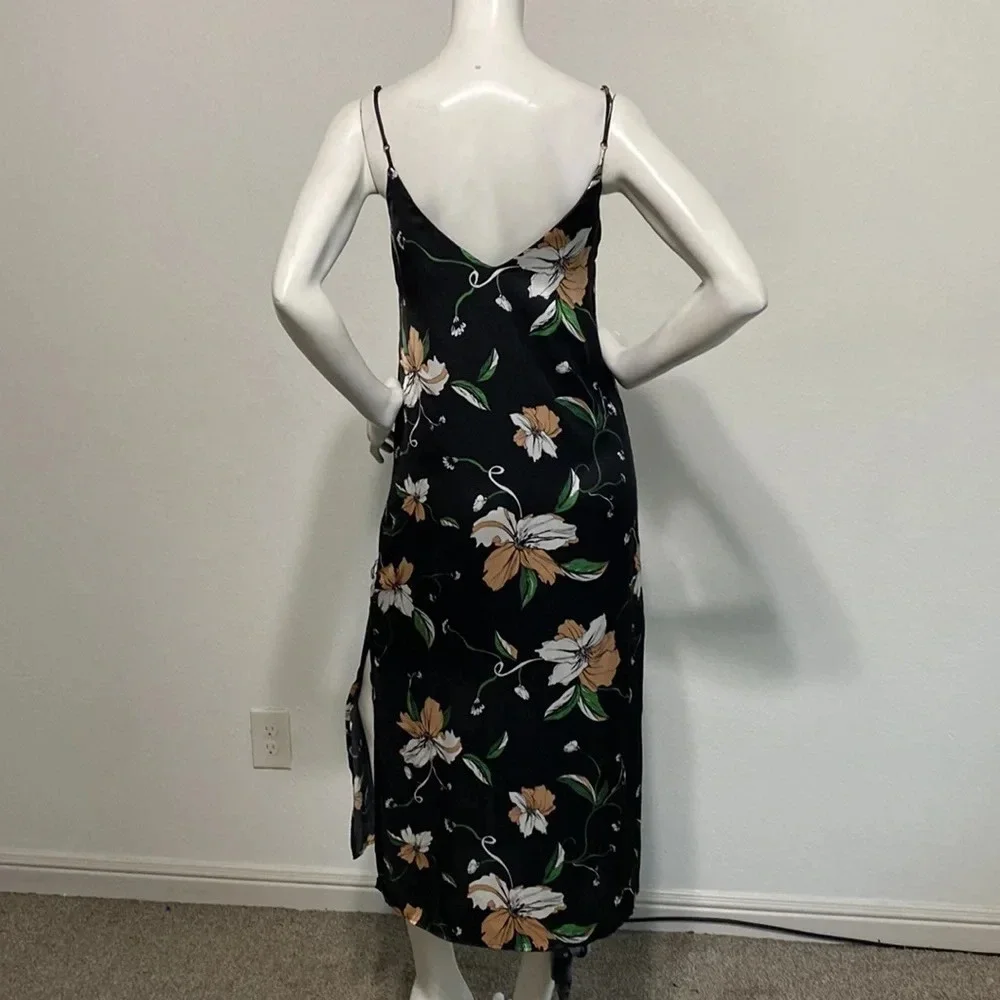 Bardot Black Hibiscus Floral Button Front Satin Midi Slip Dress Size 4